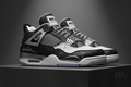 “A pair of custom Air Jordan 4 sneakers designed in a bold NEVA Records streetwear theme. Premium leather and mesh with a black, white, and metallic silver base. ‘NEVA’ branding integrated into the wing tabs and heel plate in clean block lettering. Subtle Akron-inspired detailing, cracked-concrete textures, and custom laces. Icy outsole or chrome accents optional. High-detail studio lighting, ultra-realistic sneaker rendering, luxury urban-fashion aesthetic.”