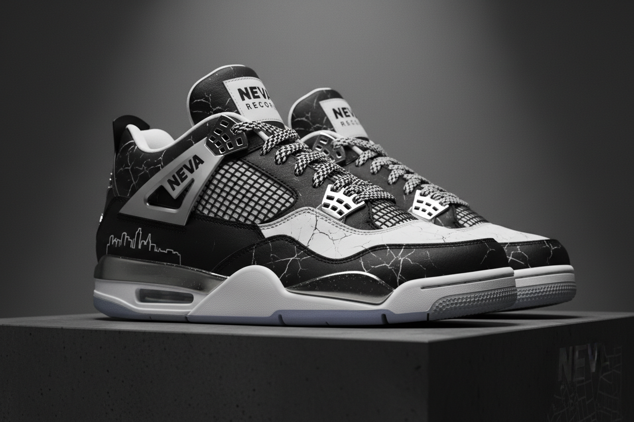 “A pair of custom Air Jordan 4 sneakers designed in a bold NEVA Records streetwear theme. Premium leather and mesh with a black, white, and metallic silver base. ‘NEVA’ branding integrated into the wing tabs and heel plate in clean block lettering. Subtle Akron-inspired detailing, cracked-concrete textures, and custom laces. Icy outsole or chrome accents optional. High-detail studio lighting, ultra-realistic sneaker rendering, luxury urban-fashion aesthetic.”