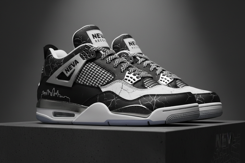 “A pair of custom Air Jordan 4 sneakers designed in a bold NEVA Records streetwear theme. Premium leather and mesh with a black, white, and metallic silver base. ‘NEVA’ branding integrated into the wing tabs and heel plate in clean block lettering. Subtle Akron-inspired detailing, cracked-concrete textures, and custom laces. Icy outsole or chrome accents optional. High-detail studio lighting, ultra-realistic sneaker rendering, luxury urban-fashion aesthetic.”