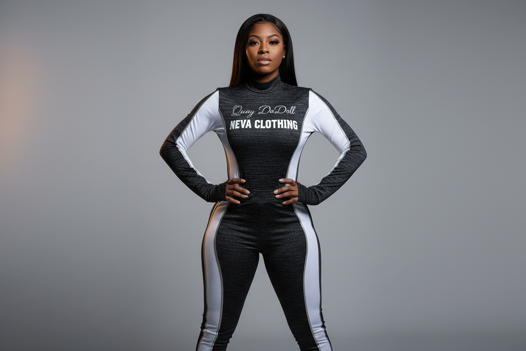 “A stylish women’s skin-tight jogging suit designed for a hip-hop fashion brand. The outfit is form-fitting, sporty, and modern, made of sleek athletic fabric. On the chest, the text Quay DaDoll appears in elegant, feminine script. Directly underneath, the text Neva Clothing appears in clean, bold streetwear lettering. The colors are black, white, and hints of metallic accents. The model is standing confidently in a studio with soft lighting. High-detail fabric texture, realistic folds, premium urban-fashio