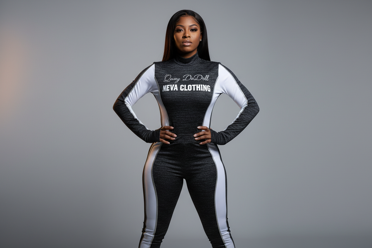 “A stylish women’s skin-tight jogging suit designed for a hip-hop fashion brand. The outfit is form-fitting, sporty, and modern, made of sleek athletic fabric. On the chest, the text Quay DaDoll appears in elegant, feminine script. Directly underneath, the text Neva Clothing appears in clean, bold streetwear lettering. The colors are black, white, and hints of metallic accents. The model is standing confidently in a studio with soft lighting. High-detail fabric texture, realistic folds, premium urban-fashio