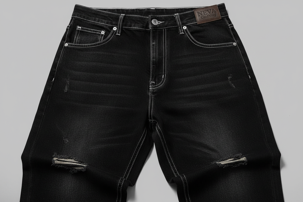 “Baggy hip-hop denim jeans with light distressing and stacked legs. Heavy blue wash, clean stitching, and a leather patch on the top back pocket embossed with ‘NEVA Clothing.’ Studio lighting, realistic texture.”BLACK 