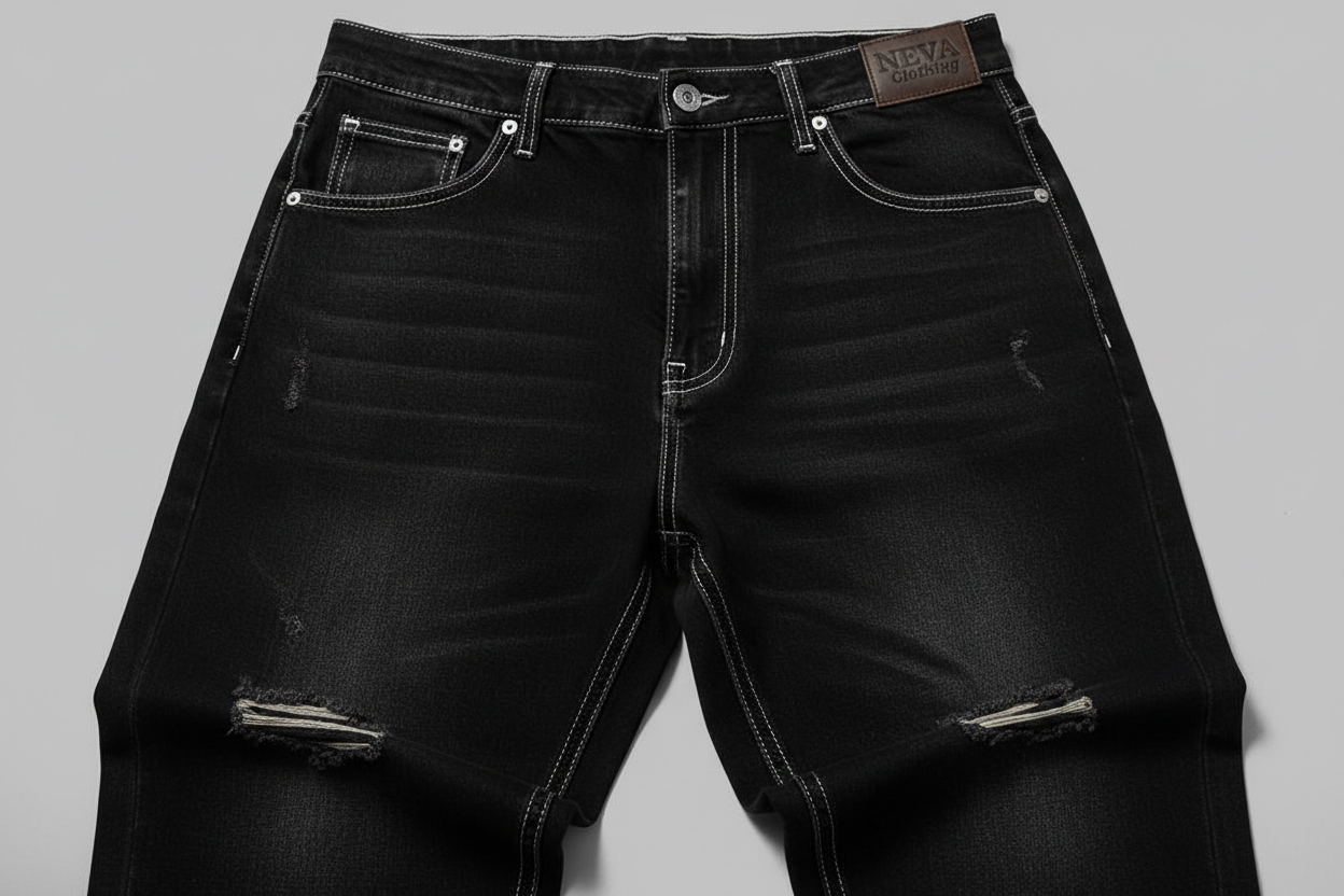 “Baggy hip-hop denim jeans with light distressing and stacked legs. Heavy blue wash, clean stitching, and a leather patch on the top back pocket embossed with ‘NEVA Clothing.’ Studio lighting, realistic texture.”BLACK 