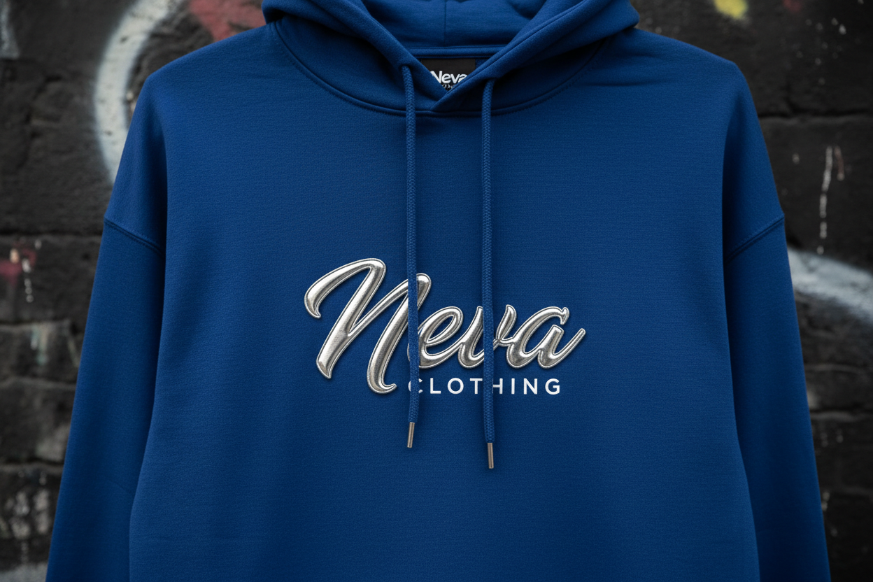 Create a high-end hip-hop streetwear hoodie for the brand Neva Clothing. The hoodie should look premium, heavyweight, and urban. Center a bold cursive ‘Neva’ across the chest in elegant script with a slight metallic shine. Underneath in small clean text, add ‘Clothing’. The style should feel modern and gritty — mixing luxury street fashion with raw hip-hop culture. Use a royal blue or black hoodie as the base, with crisp white lettering. Add subtle texture like urban grain, slight shadow behind the logo, 