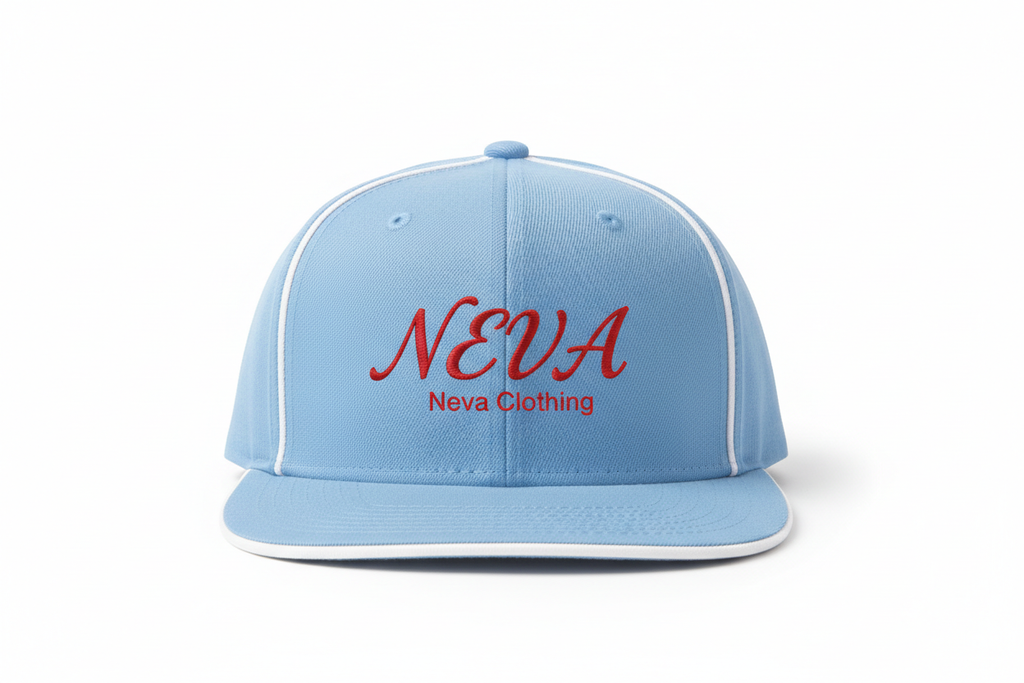 New era flat Beal hat with Neva in elegant letters with Neva clothing under it … light blue with red letters and white trim